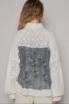 POL Eyelet Flower Pearl Detail Lace Patchwork Shirt in Charcoal and Cream Shirts & Tops