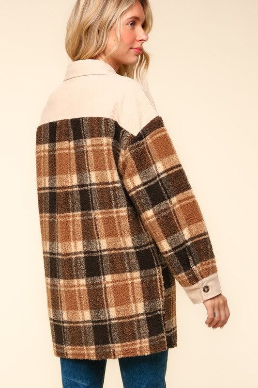 Haptics Taupe Corduroy & Plaid Sherpa Button Jacket Haptics