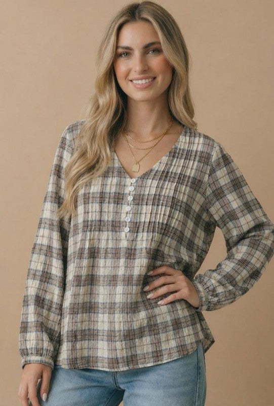 Haptics All in Check Pintuck Button Front Blouse in Oatmeal