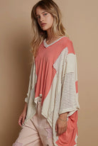 POL Peach Echo High-Low Contrast V-Neck Top Shirts & Tops