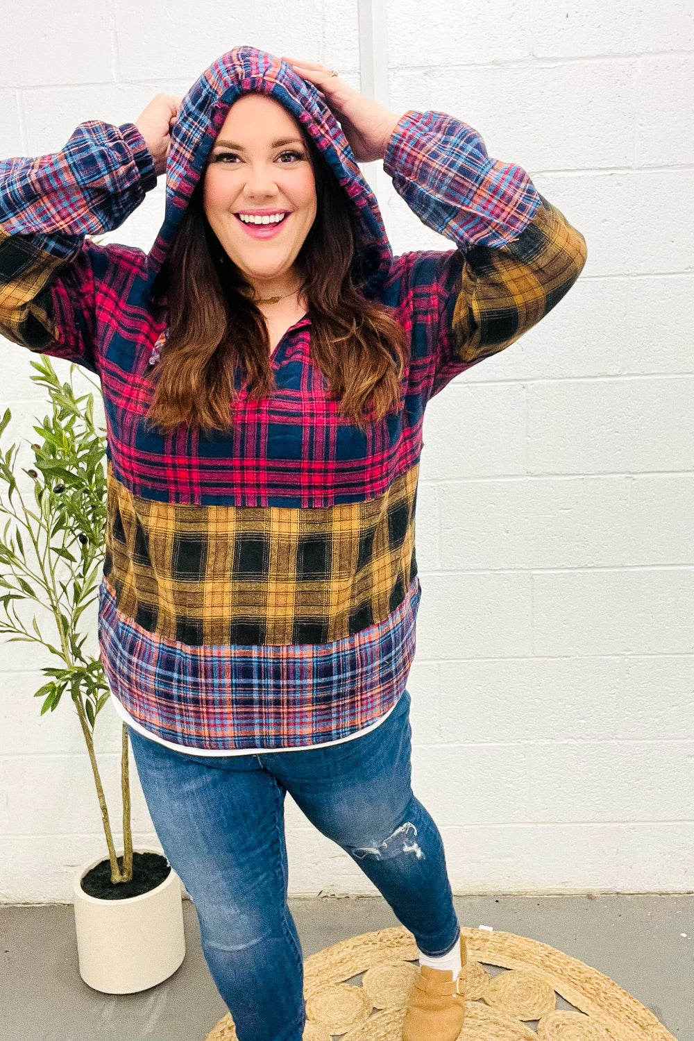 Haptics Red & Mustard Plaid Notched Neck Flannel Hoodie Haptics