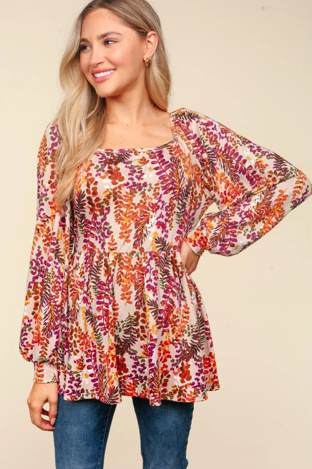 Haptics Taupe & Rust Floral Print Babydoll Bubble Sleeve Top Haptics