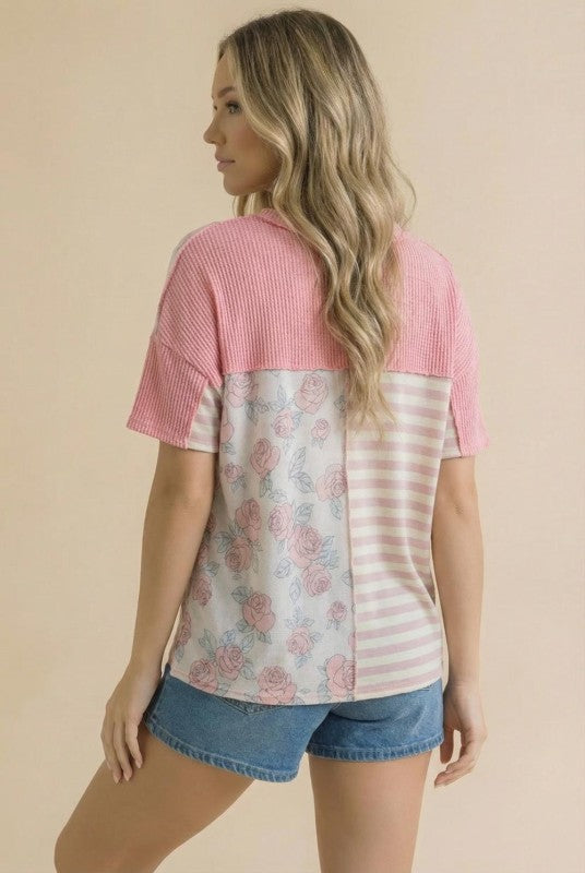 Haptics So Rosy Mixed Print V-Neck Top