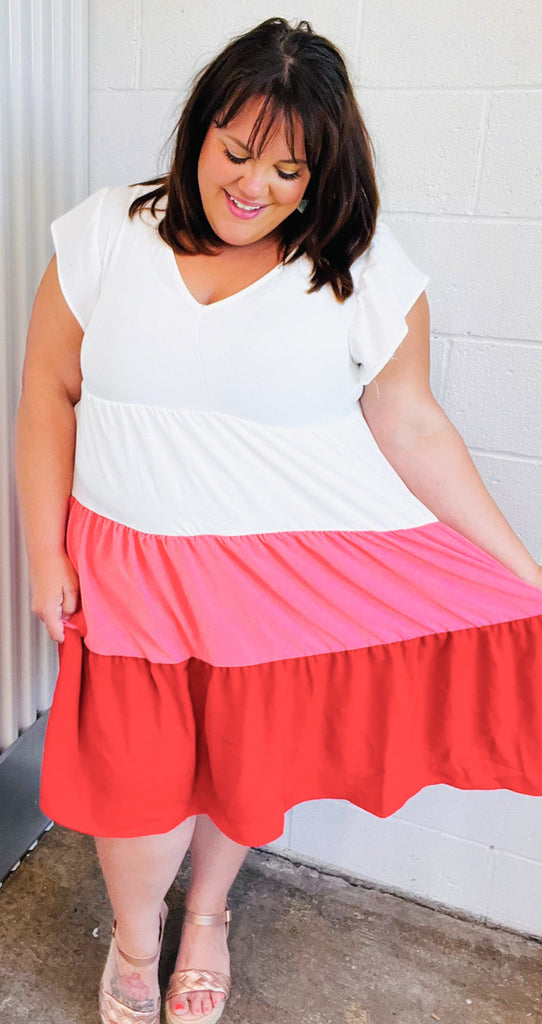 Final Sale Haptics Peach & Cherry Red Tiered Frill Sleeve Midi Dress Haptics