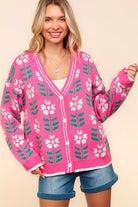 Haptics Fuchsia Flower Print Button Down Knit Cardigan Shirts & Tops