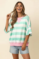 Haptics Flutter Elbow Sleeve Stripe French Terry Top – Mint/Blush