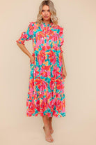 Haptics Orange & Aqua Floral Smocked Notched Neck Midi Dress