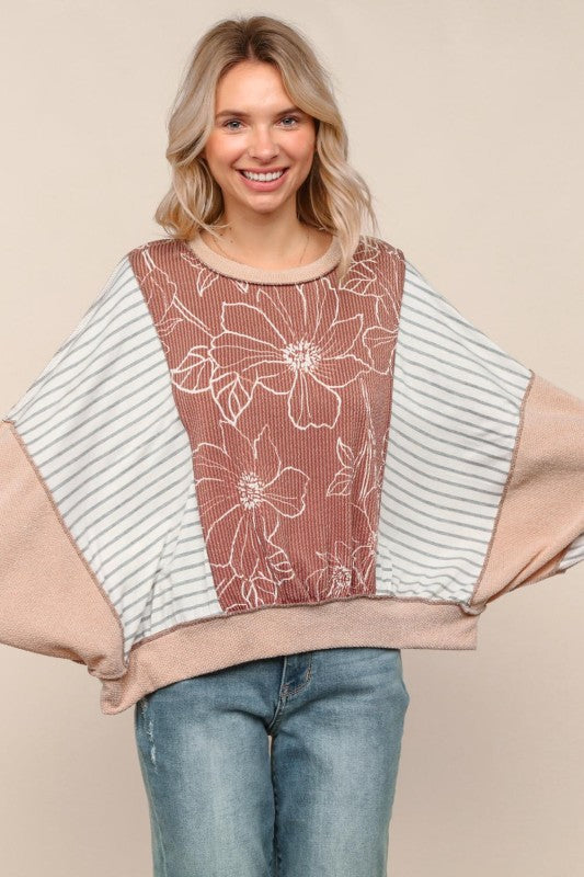 Haptics Mocha/Oatmeal Oversized Striped and in Floral Long Sleeve Dolman Top
