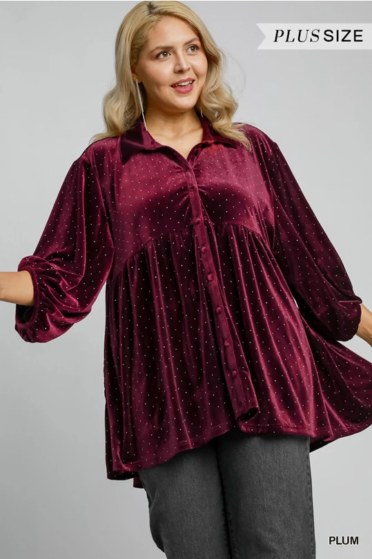 Umgee Burgundy Velvet Beaded Button Up Half Sleeve Tunic Shirts & Tops