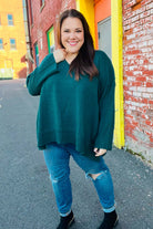 Haptics Casual Chic Hunter Green Oversized V Neck Rib Knit Sweater Haptics