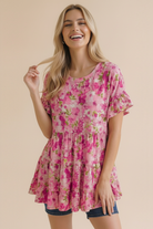 Haptics Fuchsia Frill Hem Babydoll Tiered Swing Floral Top