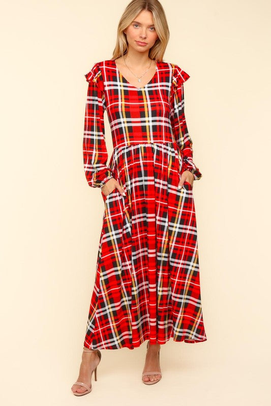 Haptics Red Plaid Ruffle Detail Fit & Flare Midi Dress Haptics