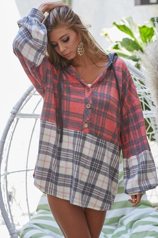 BiBi Pretty in Plaid Brushed Hacci Color Block Hoodie Shirts & Tops