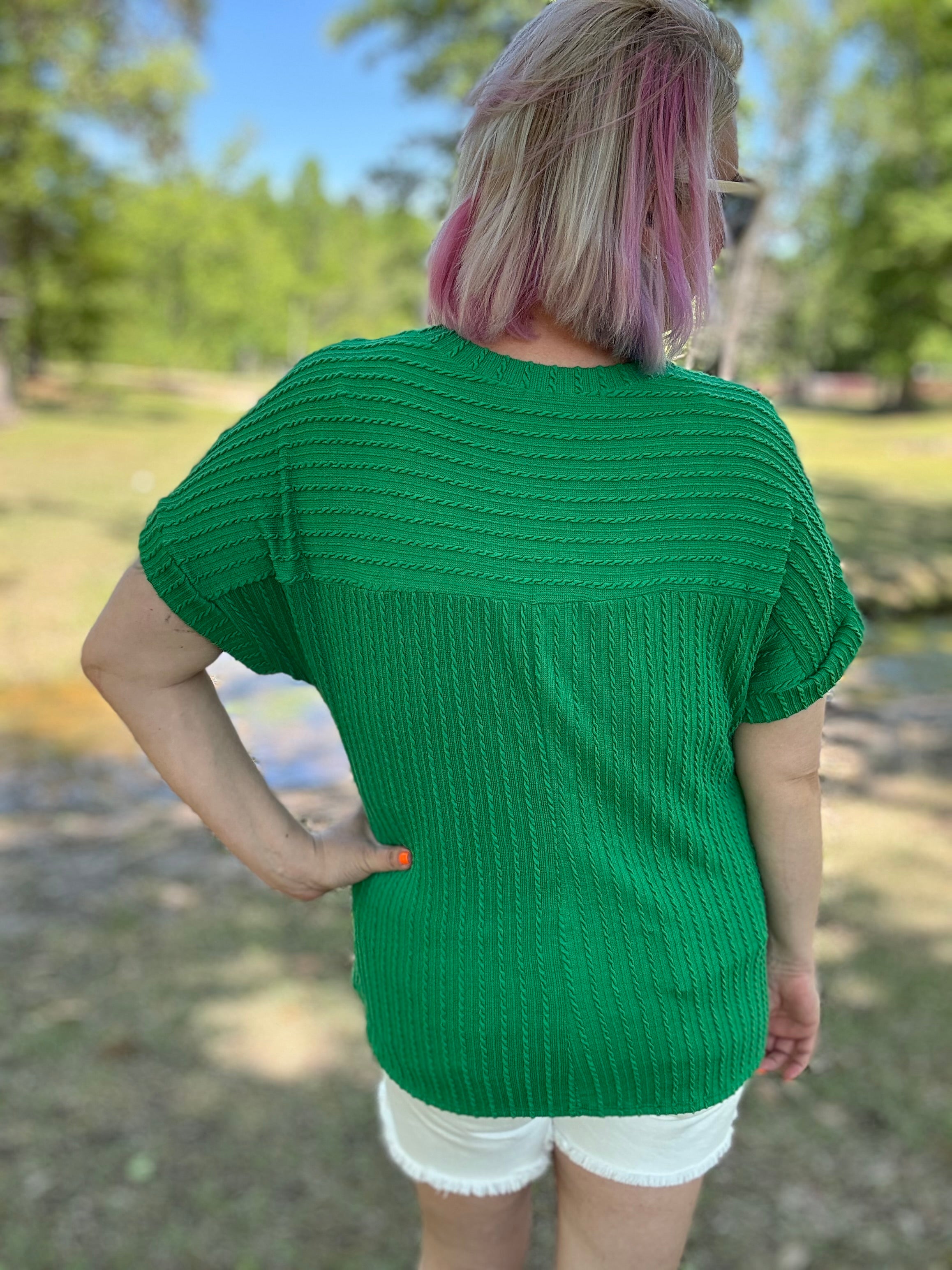 Haptics Be Your Best Green Cable Knit Dolman Short Sleeve Sweater Top Haptics