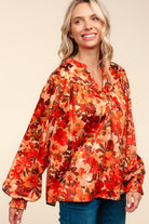 Haptics Rust Floral Print Notched Neck Smocked Satin Top Haptics