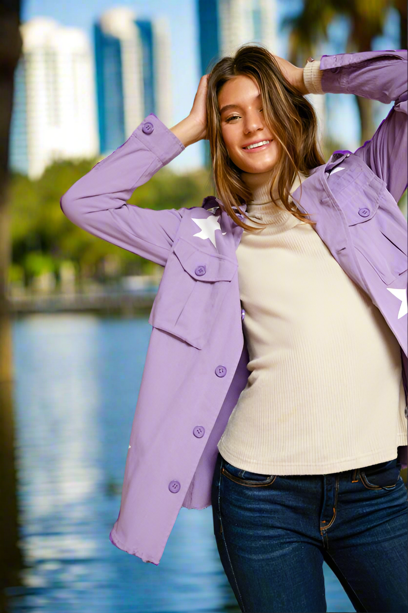 Davi & Dani Lavender Star Printed Military Jacket Davi & Dani