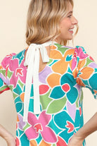 Haptics Multicolor Floral Ribbed Knit Back Bow Tie Detail Top