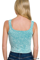 Zenana Light Teal Stone Washed Ribbed Scoop Neck Wide Strap Seamless Bra Tank