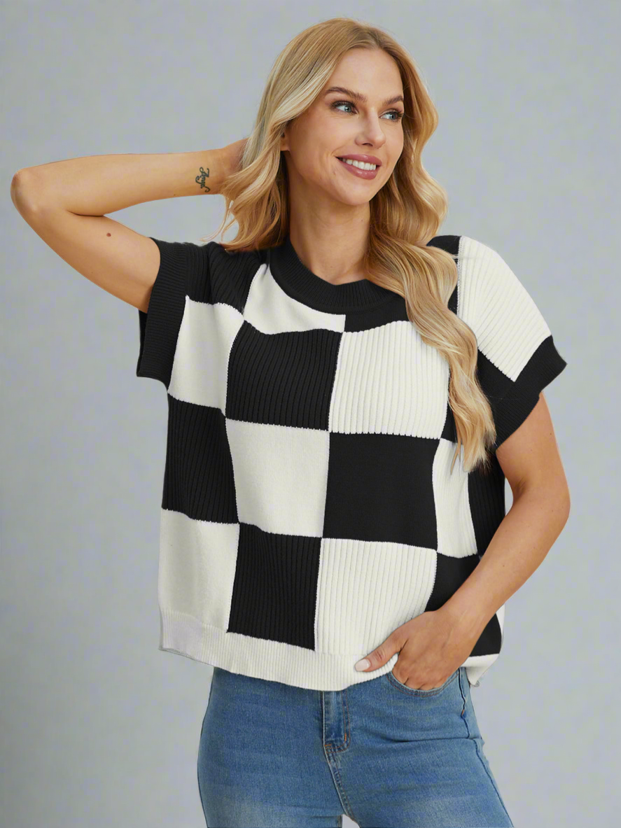 Double Take 4 Colors Checkered Textured Round Neck Short Sleeve Sweater Black Shirts & Tops