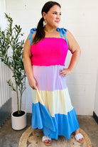 Haptics Vacay Vibes Hot Pink & Blue Smocked Color Block Maxi Dress Haptics