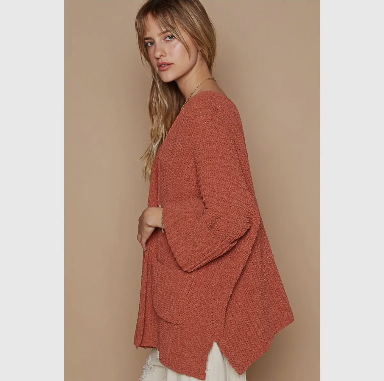 POL Brick Open Front Sweater Cardigan with Pockets Trendsi