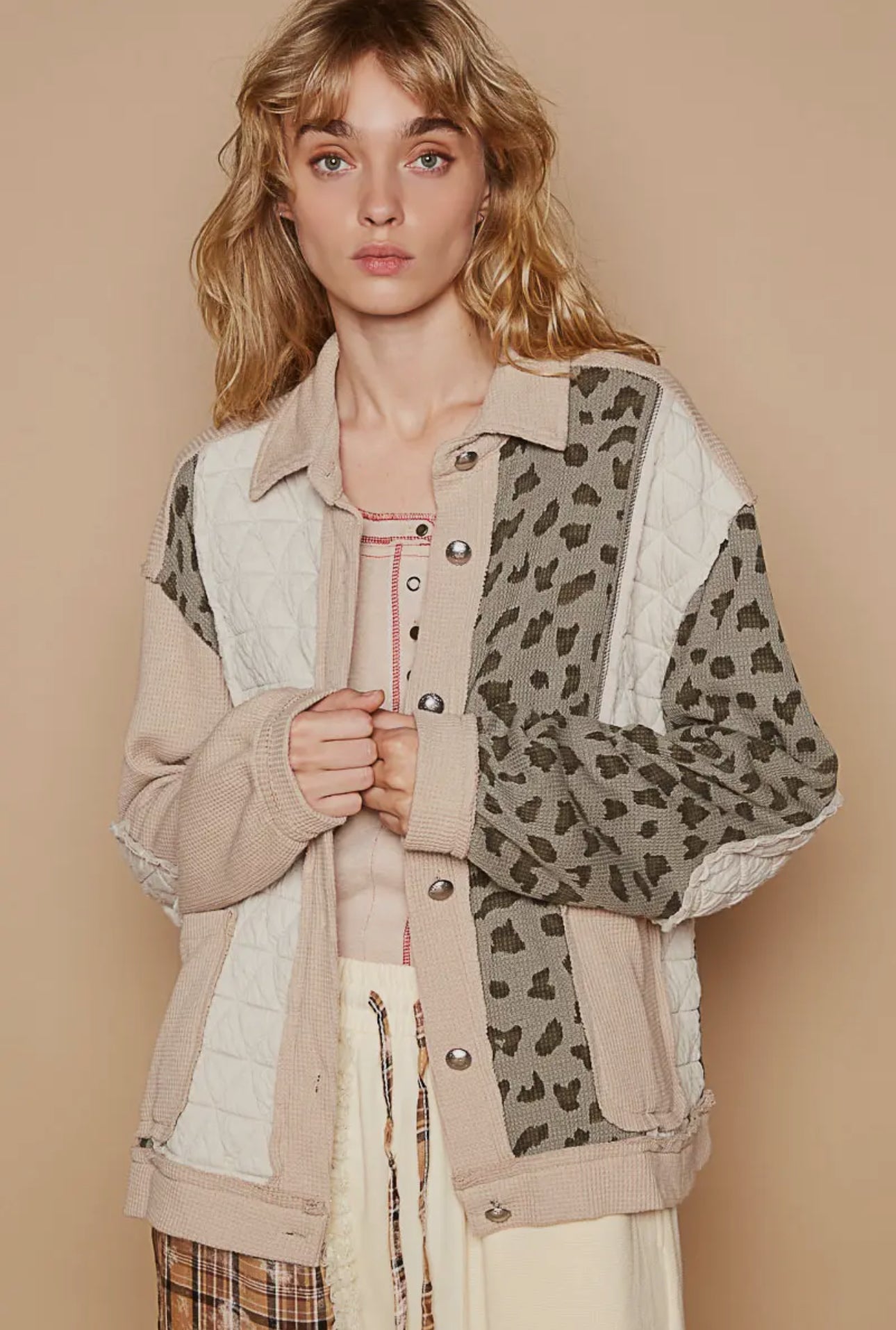 POL Beige Leopard Color-block Exposed Seam Button Up Quilted Jacket Trendsi