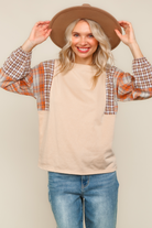 Haptics Oatmeal & Rust Plaid Balloon Sleeve Pullover