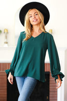 Haptics Hello Beautiful Hunter Green Smocked Bubble Sleeve Woven Top 1X Haptics