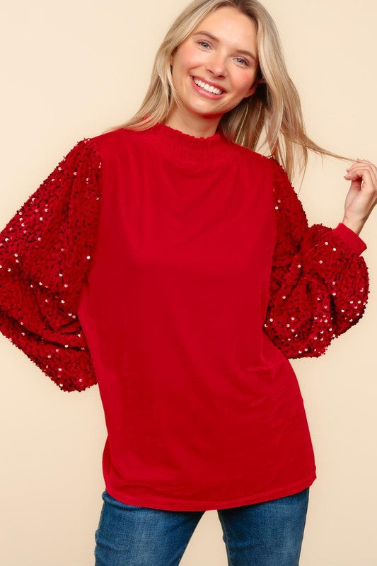 Haptics Red Velvet & Sequins Mock Neck Top Haptics