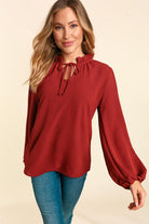 Haptics Burgundy Frilled Edge V Neck Tie Top Haptics