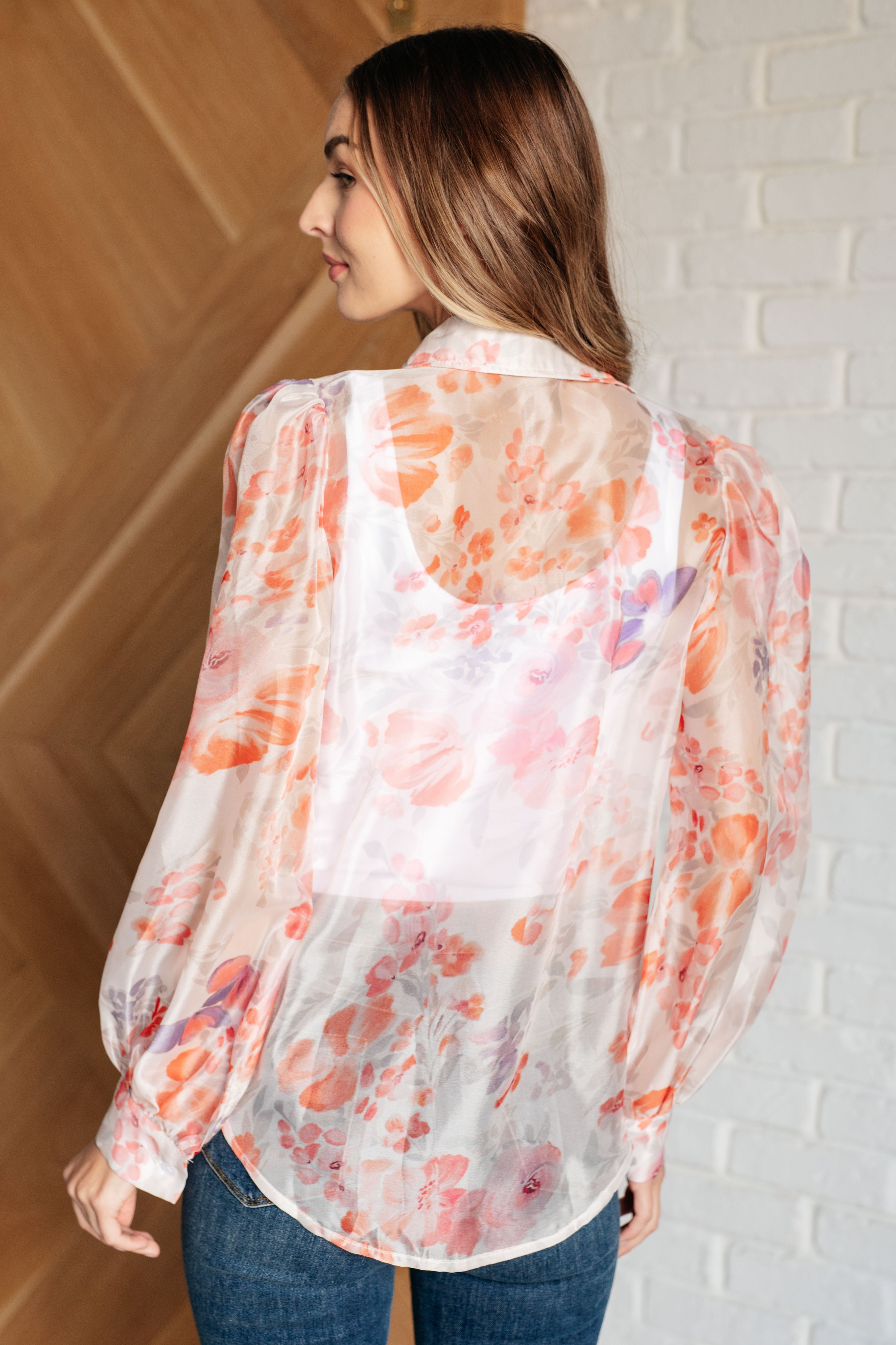 One Eleven North Call Me Back Sheer Floral Button Up Blouse Shirts & Tops