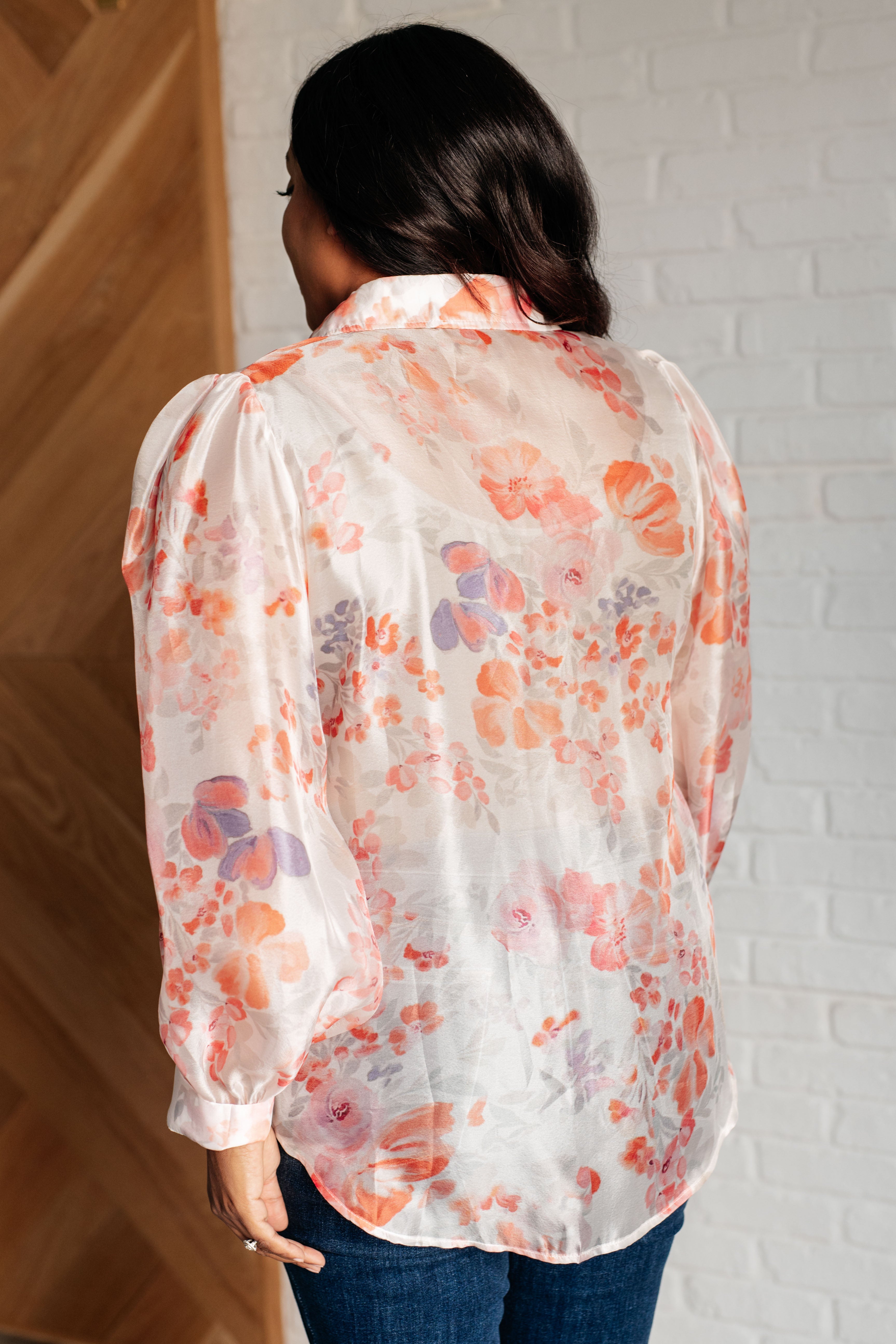 One Eleven North Call Me Back Sheer Floral Button Up Blouse Shirts & Tops