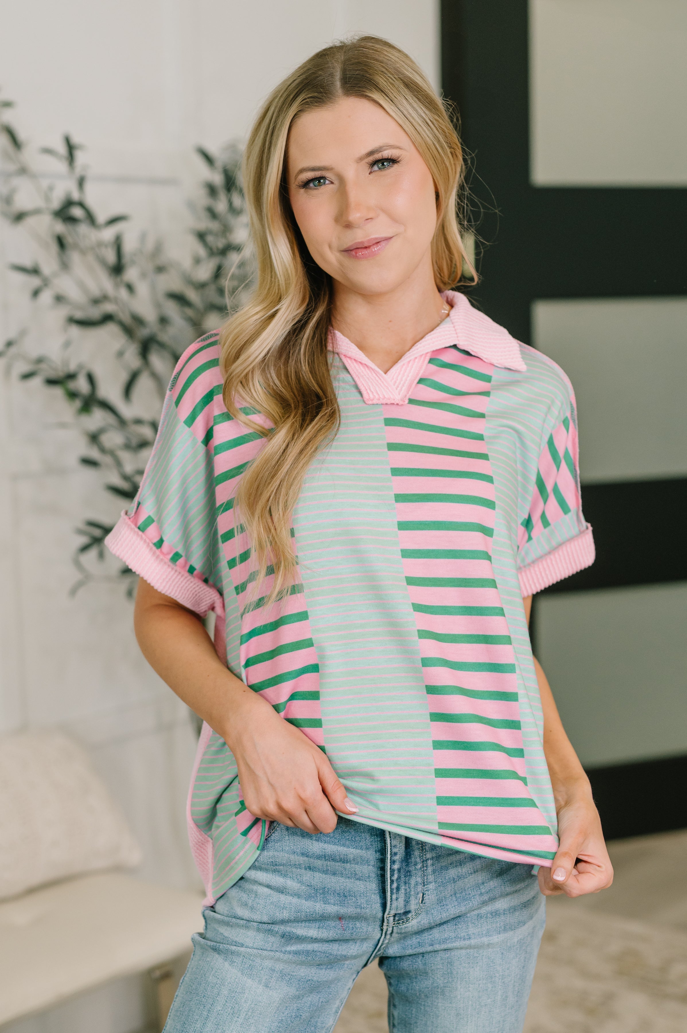 Haptics Can't Control It Collared Color Block Top Womens