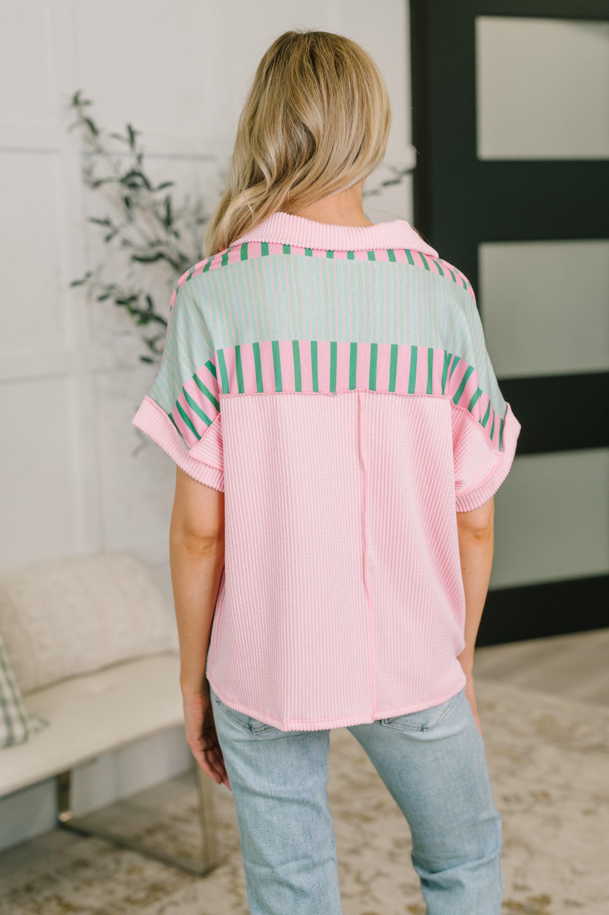 Haptics Can't Control It Collared Color Block Top Womens