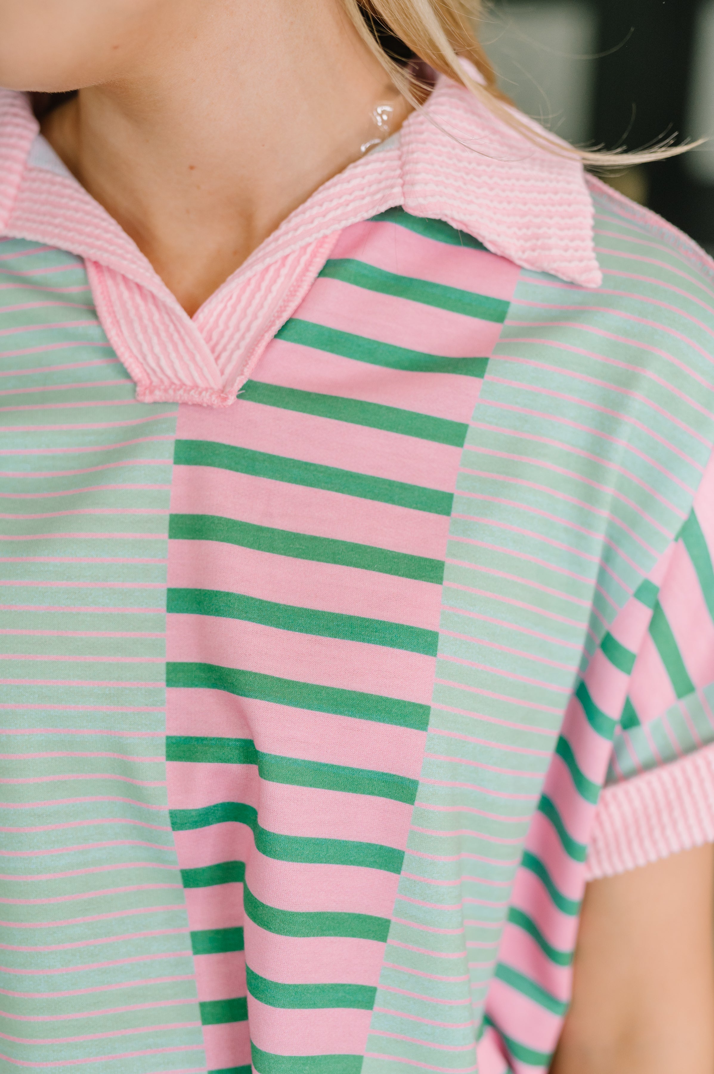 Haptics Can't Control It Collared Color Block Top Womens