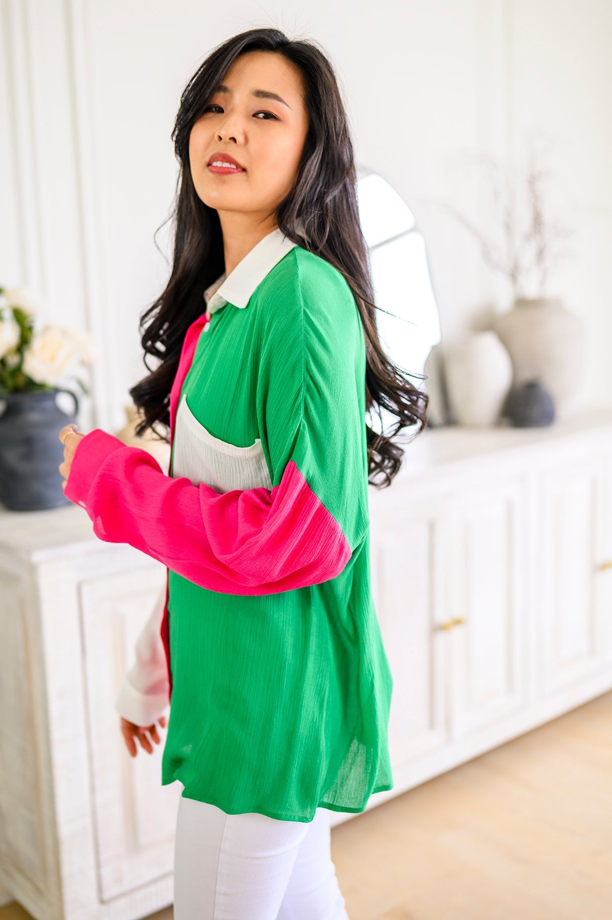 Capture the Day Two Toned Button Up Kelly Tops