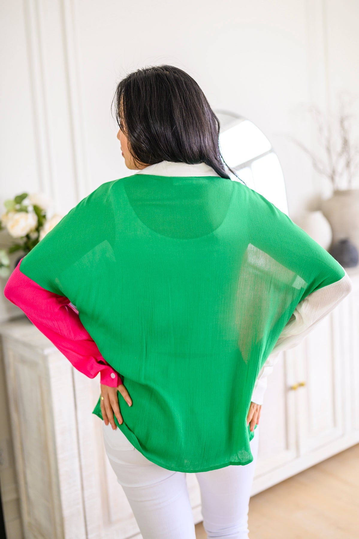 Capture the Day Two Toned Button Up Kelly Tops