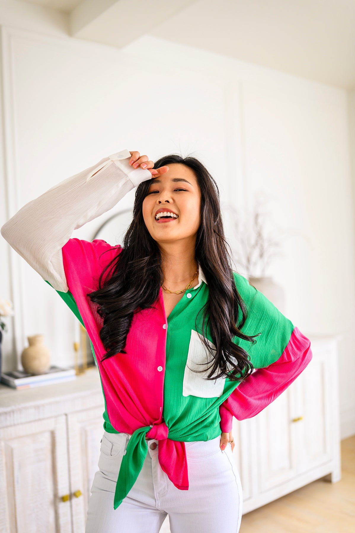 Capture the Day Two Toned Button Up Kelly Tops