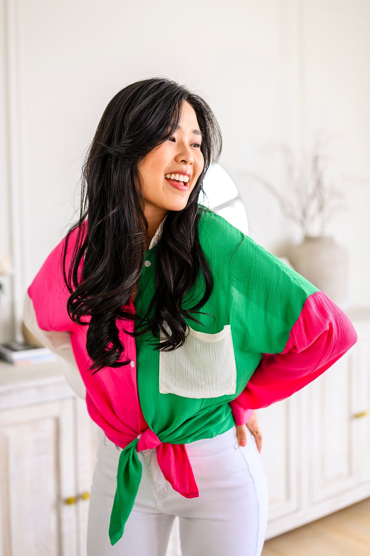 Capture the Day Two Toned Button Up Kelly Tops