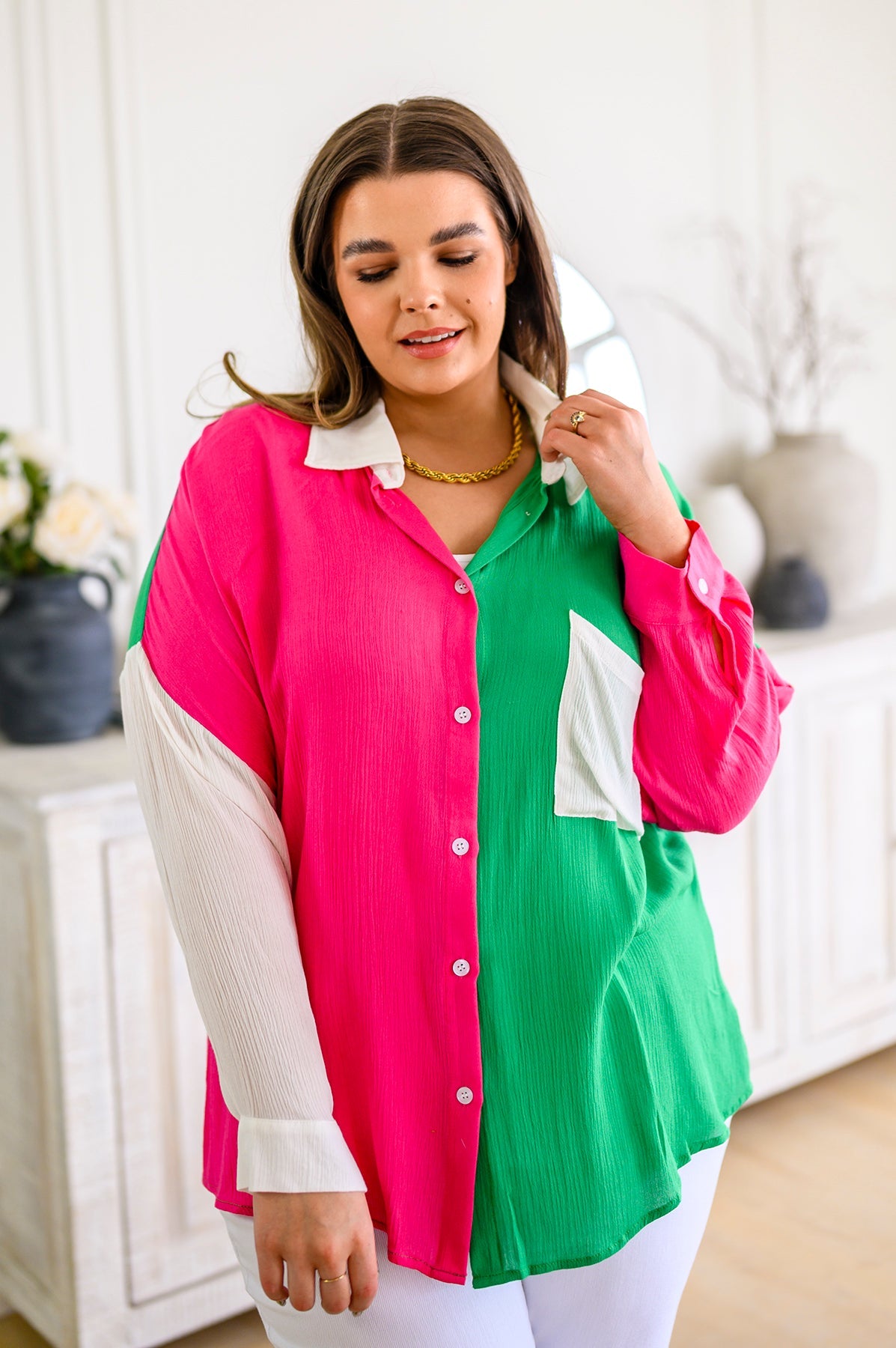 Capture the Day Two Toned Button Up Kelly Tops