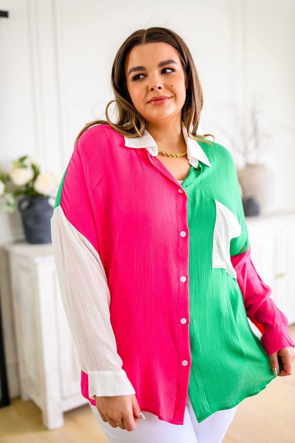 Capture the Day Two Toned Button Up Kelly Tops
