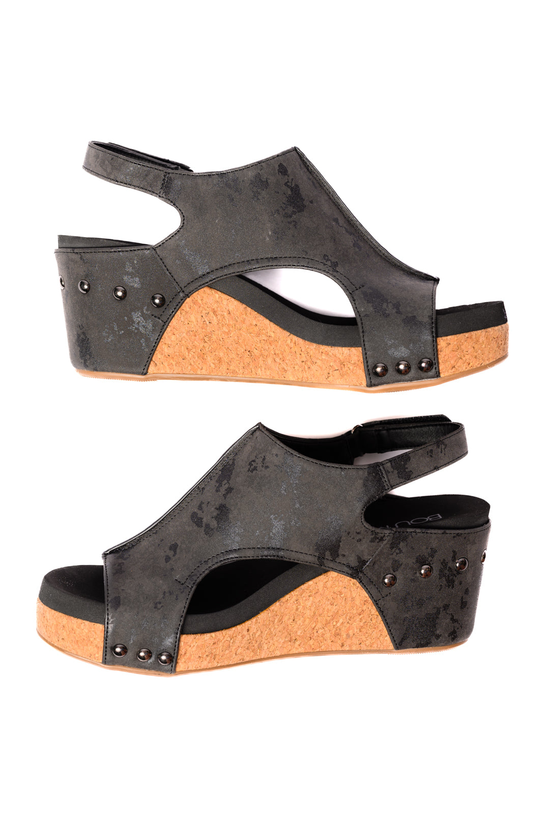 Corkeys Carley Wedge Sandals in Black Metallic Ave Shops