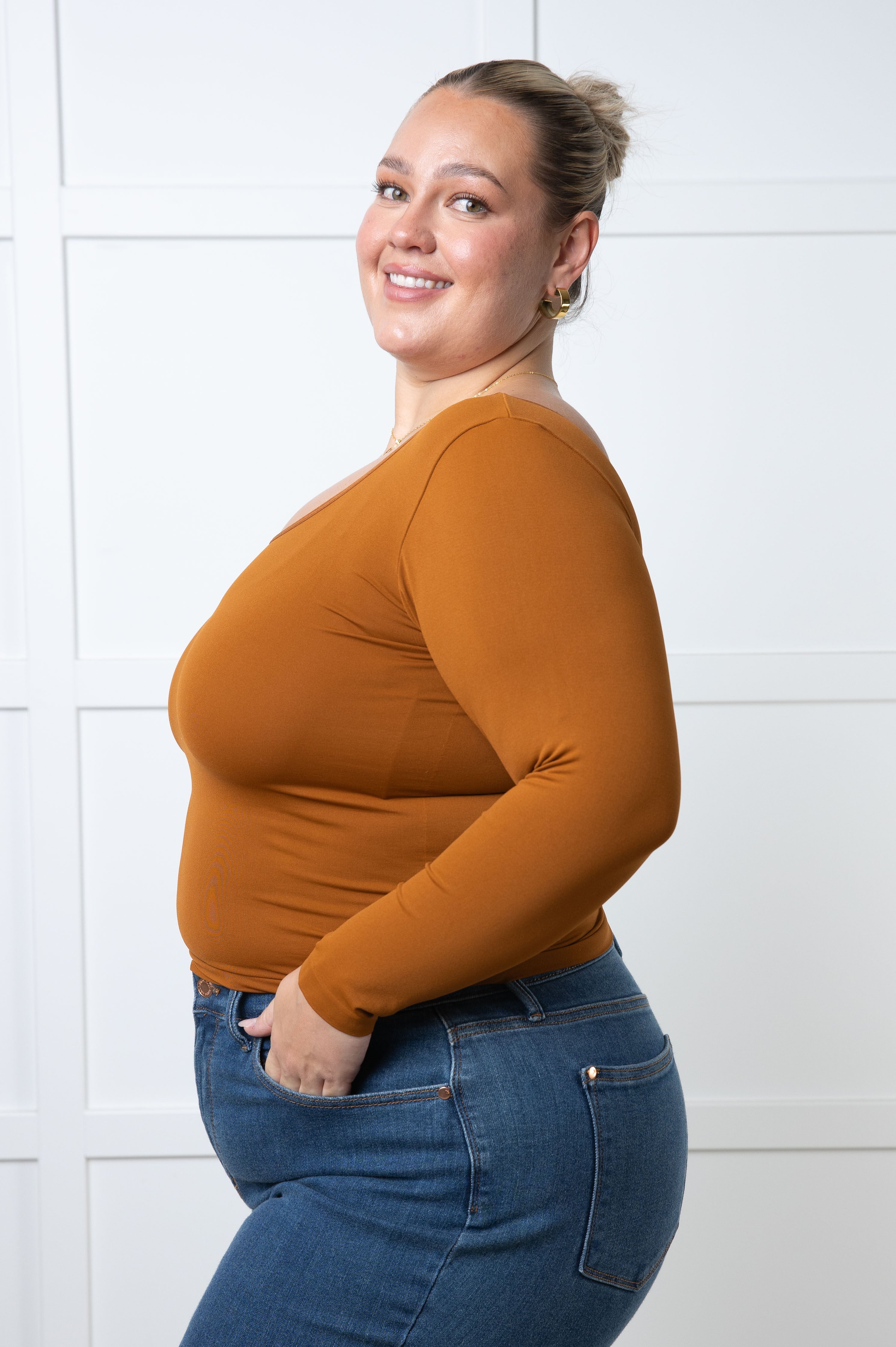 Yelete Bring in the Basics Seamless Reversible V-Neck Caramel Shirts & Tops