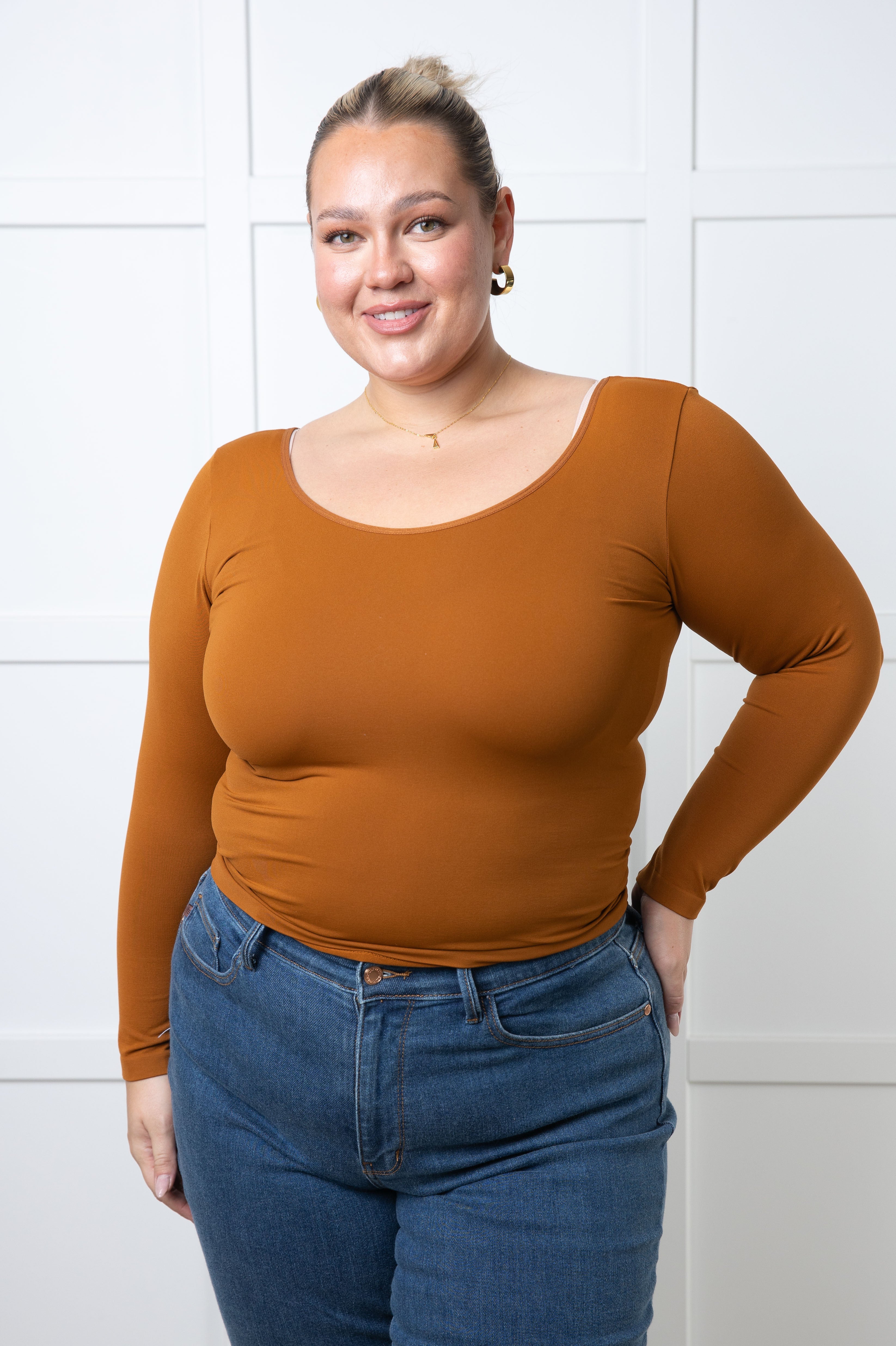 Yelete Bring in the Basics Seamless Reversible V-Neck Caramel Shirts & Tops