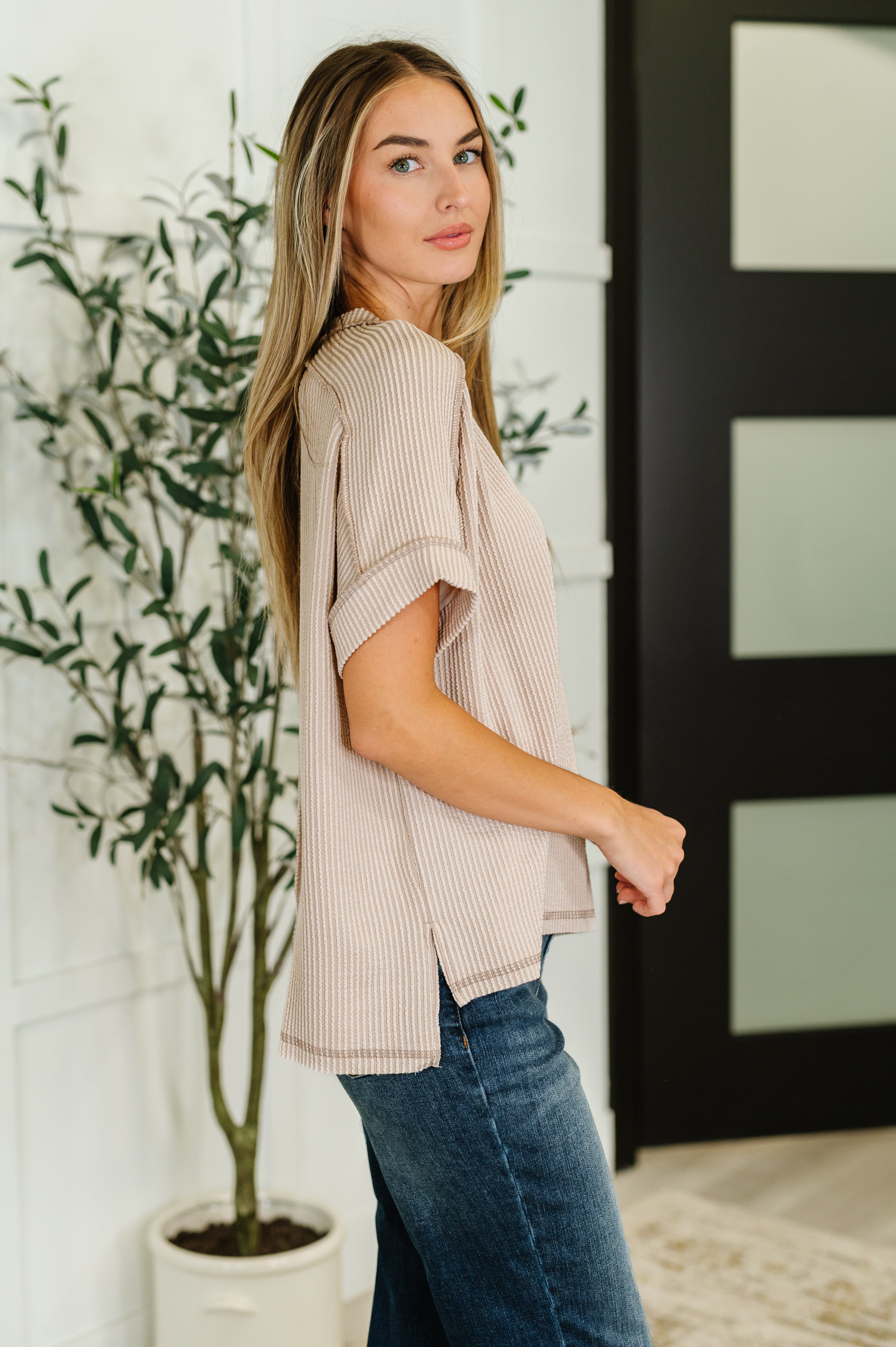 Zenana Catch Me Loungin’ Cable Ribbed Knit Top in Ash Mocha Womens