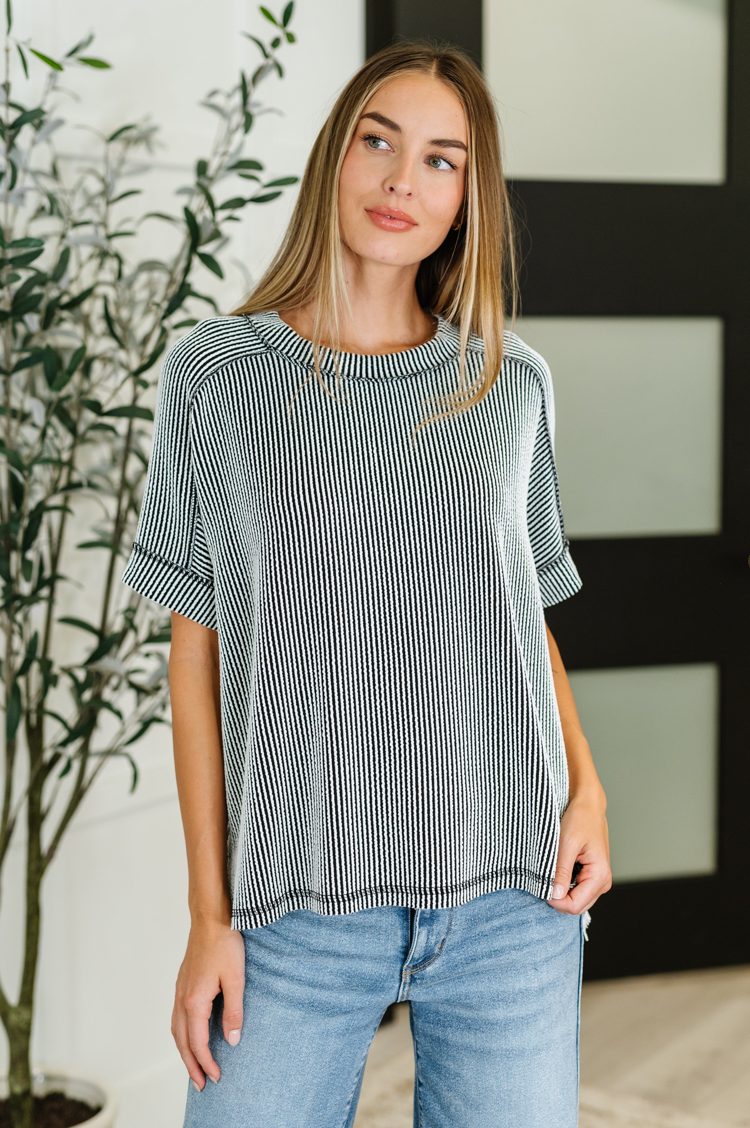 Zenana Catch Me Loungin’ Cable Ribbed Knit Top in Black and White 2XL Womens