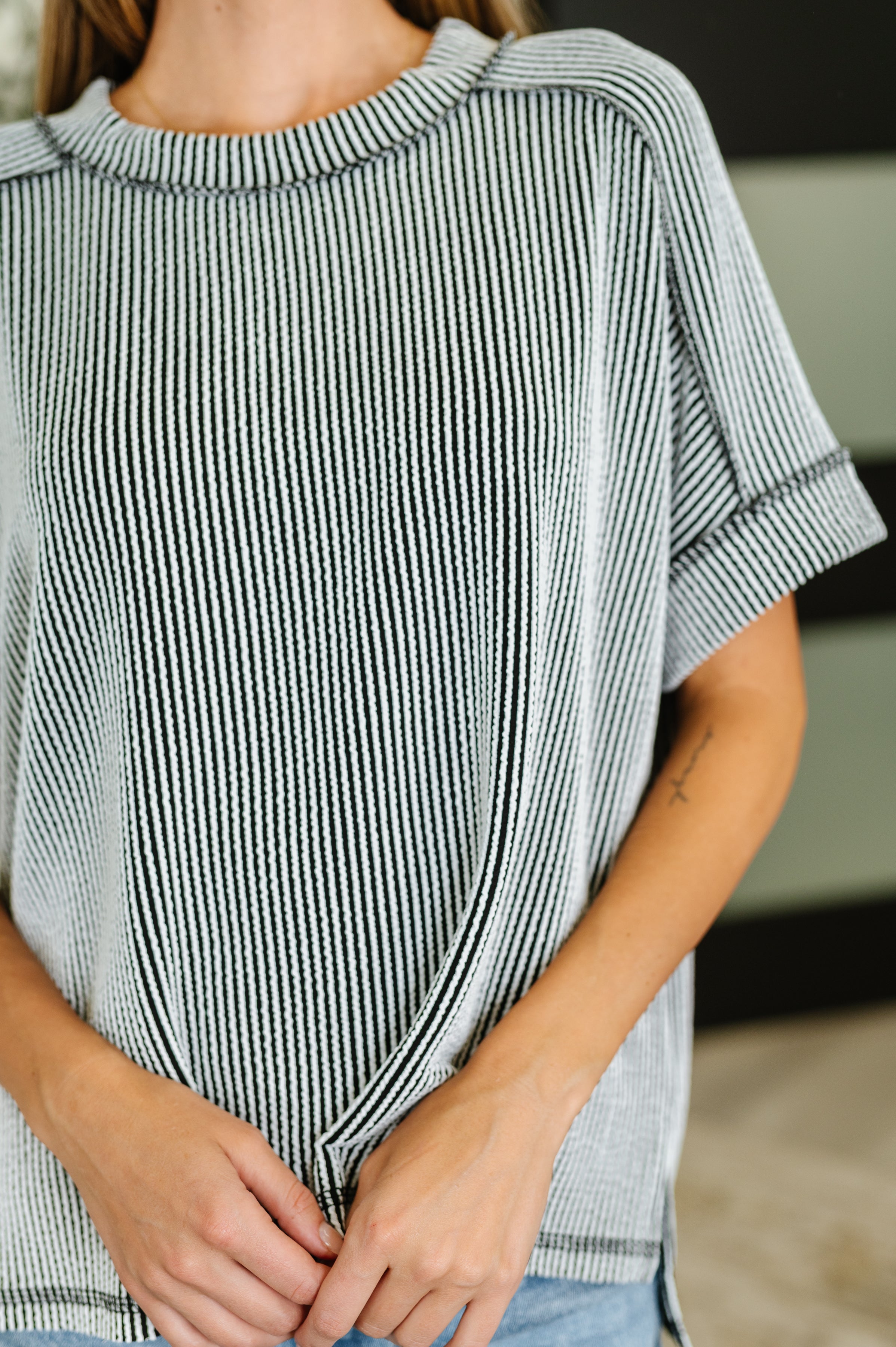Zenana Catch Me Loungin’ Cable Ribbed Knit Top in Black and White Womens