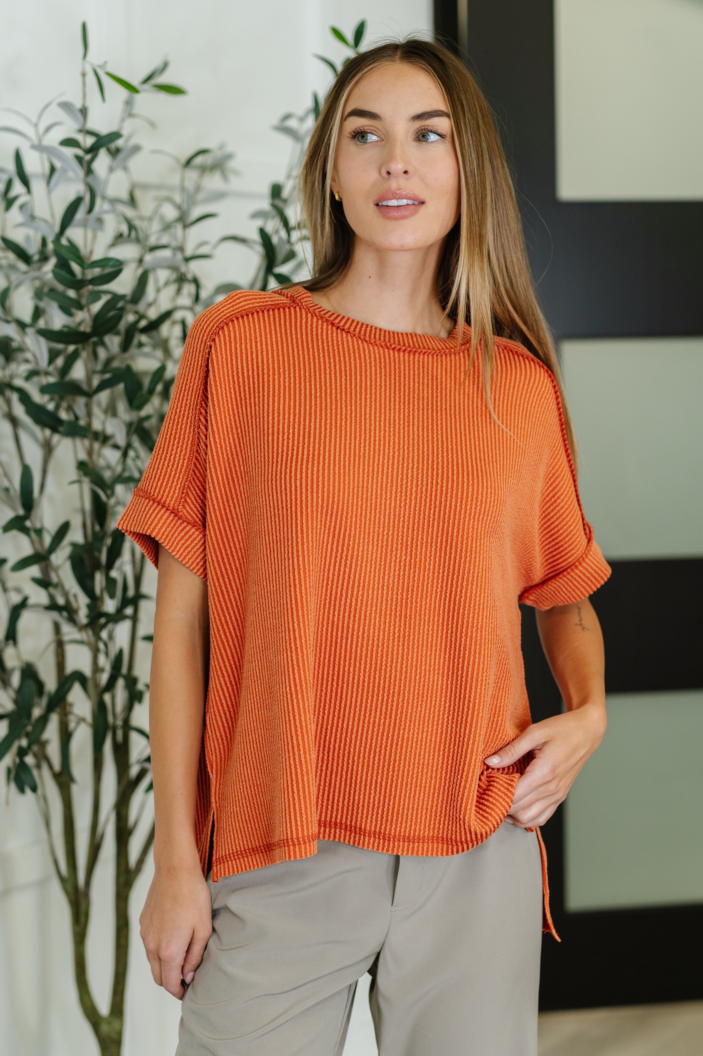 Zenana Catch Me Loungin’ Cable Ribbed Knit Top in Burnt Orange 2XL Womens