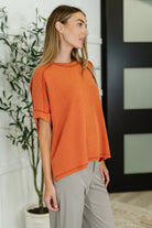 Zenana Catch Me Loungin’ Cable Ribbed Knit Top in Burnt Orange Womens