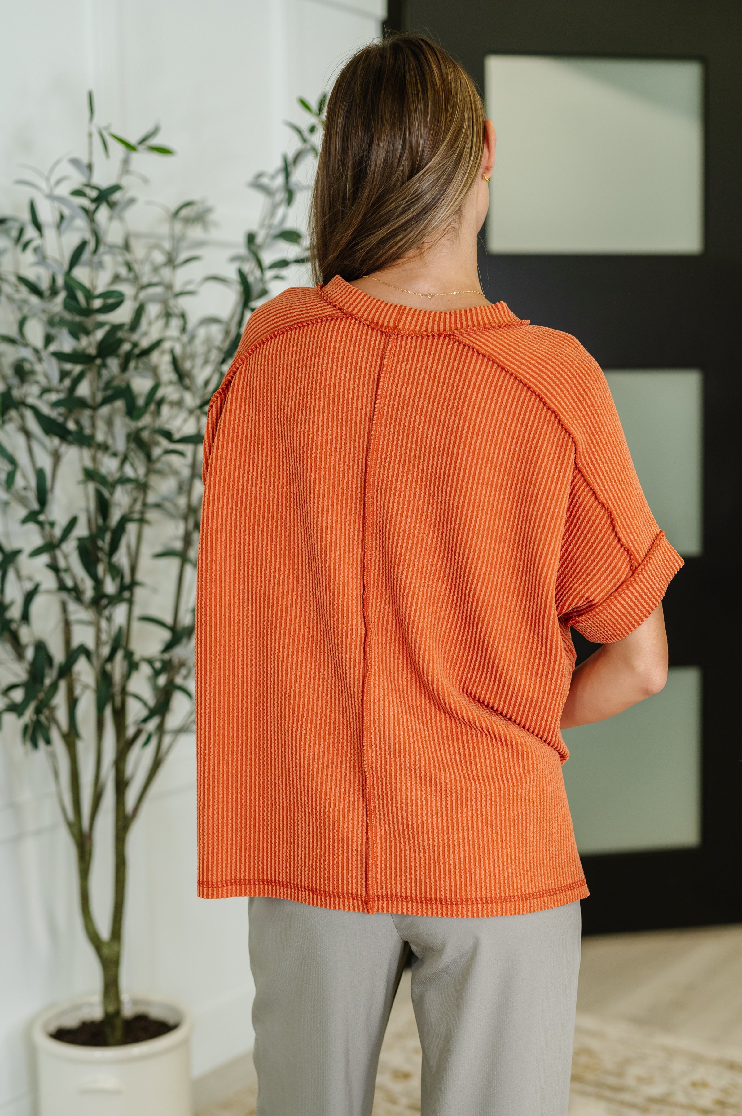 Zenana Catch Me Loungin’ Cable Ribbed Knit Top in Burnt Orange Womens